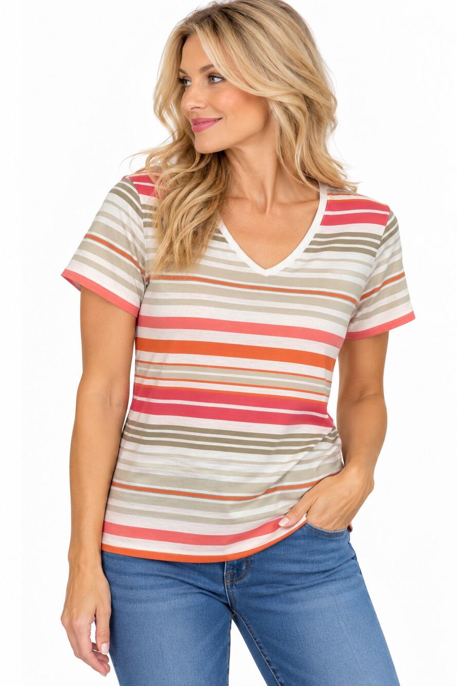U152 Croft And Barrow Womens XL Striped V Neck Short Sleeve Classic Tee